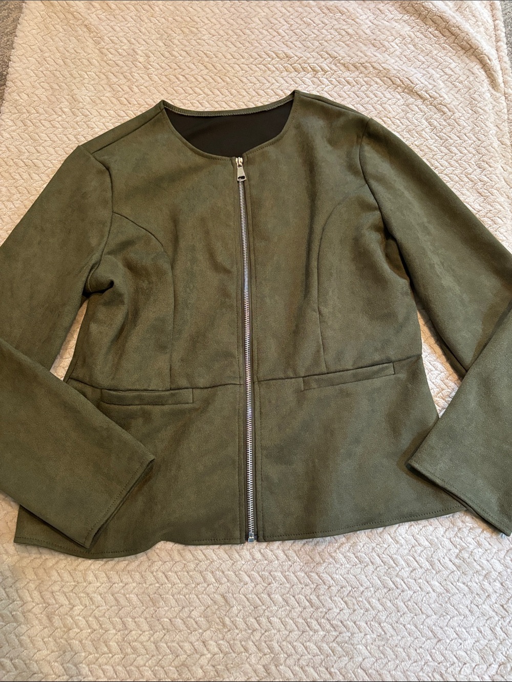 Olive Green Zip-Front Women's Dressy Blazer Jacket Faux Suede